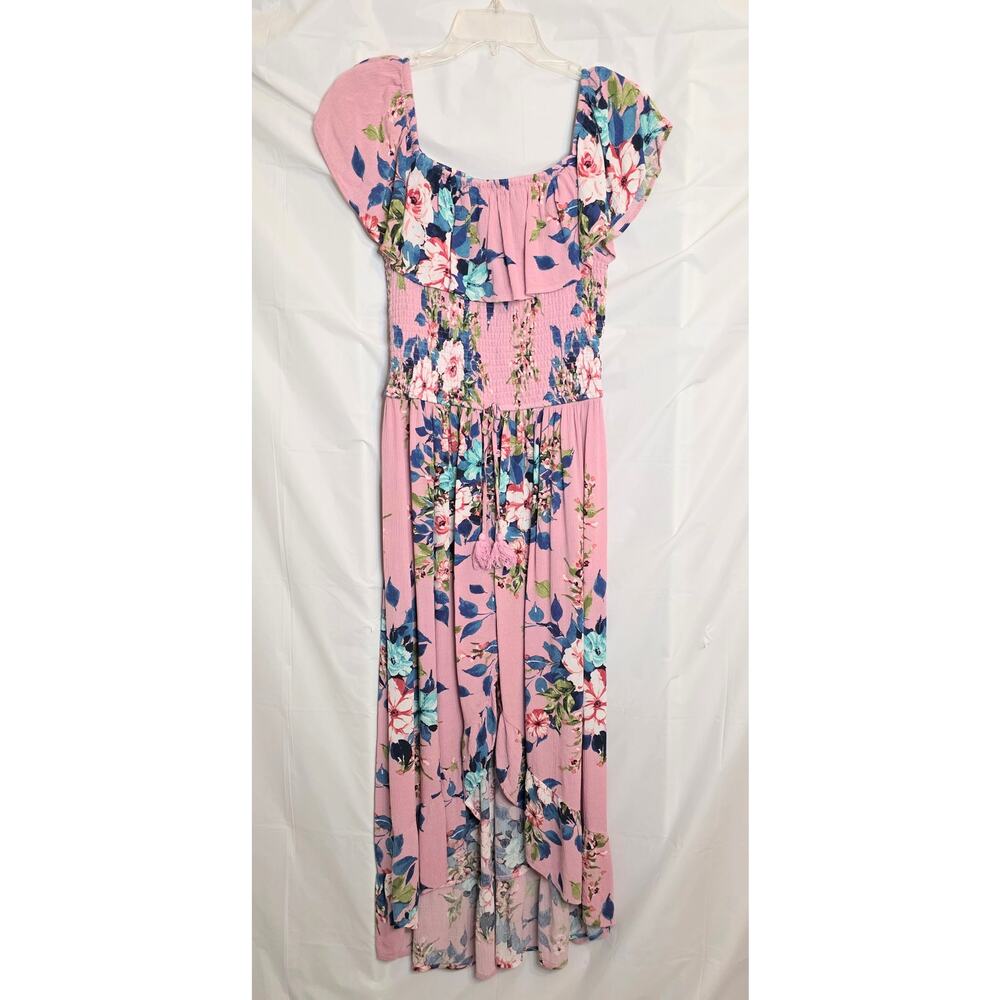 Xhiliration Maxi Dress Women's Size L Pink Blue Florals On Off Ruffled Shoulder